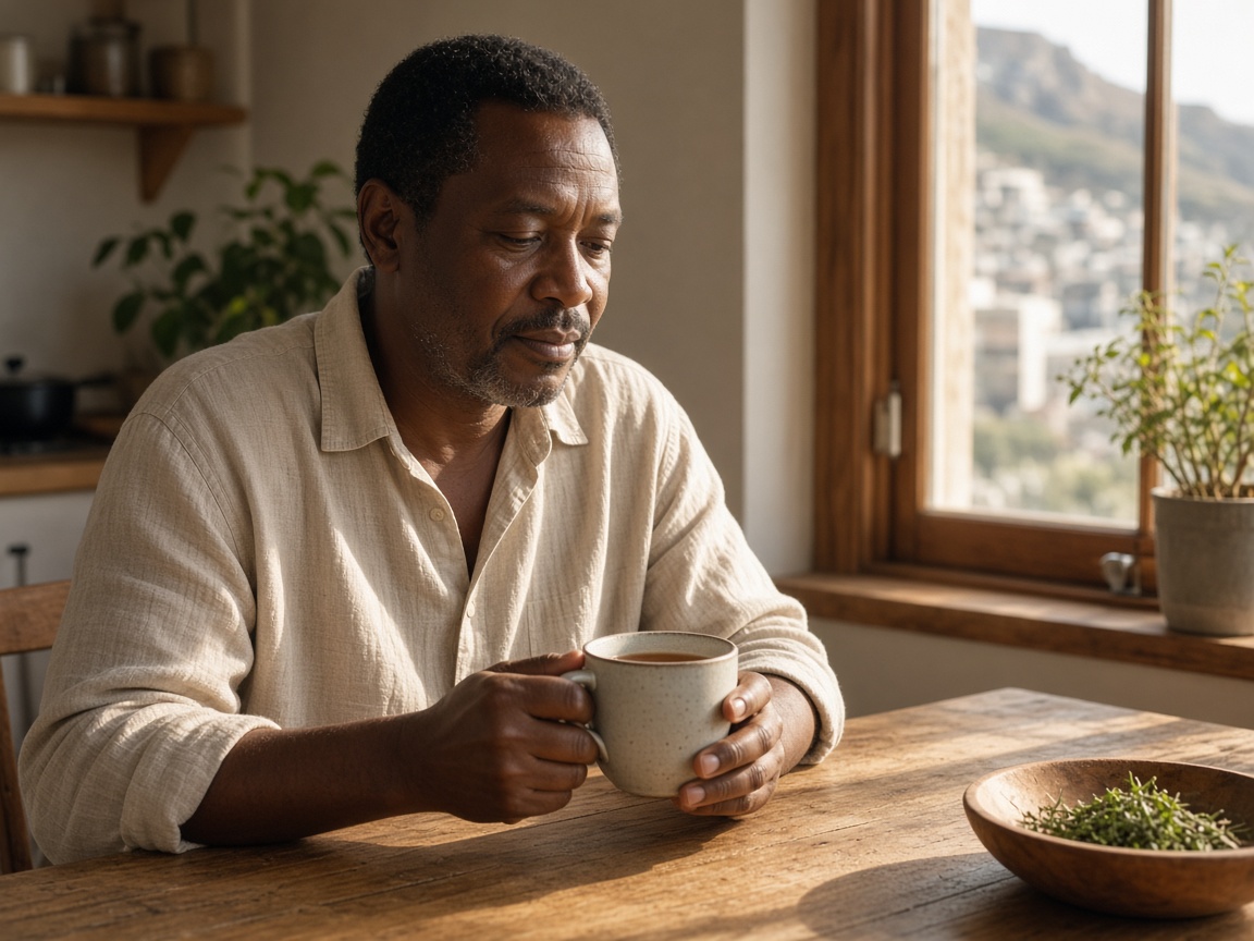 Man with a mug of tea at a sunlit table